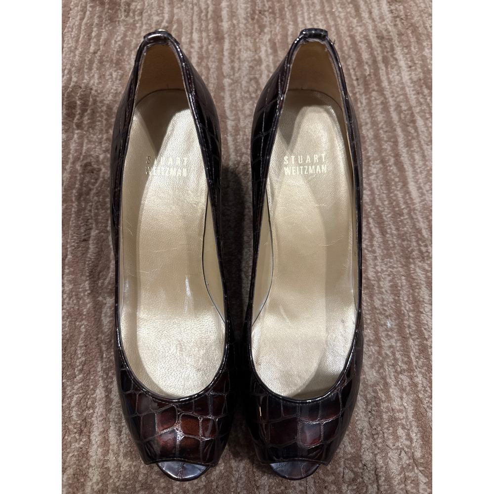 Stuart Weitzman Leather Pumps Heels Peep Toe Brown Crocodile Embossed Size 7M
